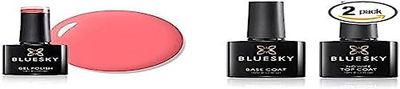 Bluesky Gel Nail Polish, Pink Neon Coral, A74, 10 ml andNo Wipe Top Coat and Base Coat, Soak Off LED UV Gel Nail Polish Set, Long Lasting, Shiny, High Gloss Finish, Clear, 2 x 10ml Bottles