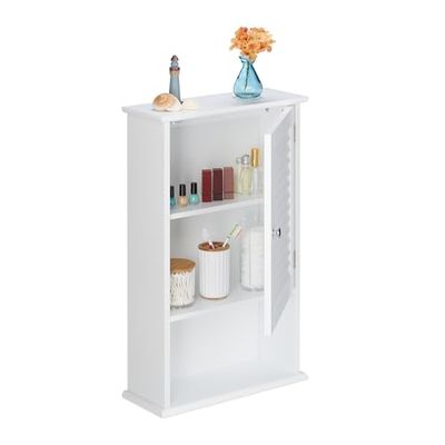 Relaxdays Mueble de Baño Colgante con Puerta Persiana, 3 Niveles, Poca Profundidad, 70 x 42 x 16,5 cm, Compacto, Blanco