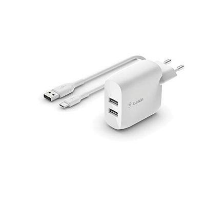Belkin Boost Charge USB-A-oplader met twee poorten van 24 W met USB-A-naar-USB-C-kabel (voor Pixel, iPad Pro en andere apparaten zoals Samsung)