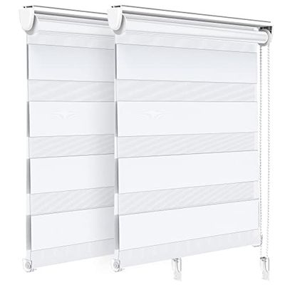 VOUNOT Set of 2 Zebra Roller Blind Double Fabric, Day and Night Translucent or Blackout Vision Curtains, No Drilling for Window and Door, White, 80 x 150 cm
