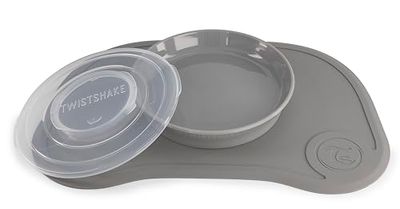 Twistshake Click-Mat 38 x 25 cm Toalha de mesa individual placa de alimentação para mesa prato selado com tampa de alimentação para bebés, louça, sem BPA, 6 meses, cinzento pastel