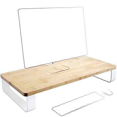 KD Essentials Soporte para monitor y elevador de monitor XL – carga máxima especialmente alta, fácil montaje y 100% de madera de bambú FSC (organizador / elevador de pantalla, metal blanco)