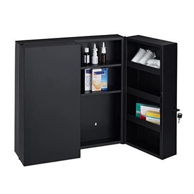 Relaxdays medicijnkastje XXL, afsluitbaar, 11 vakken, staal, HxBxD: 53,5 x 53 x 19 cm, hangende EHBO-kast, antraciet