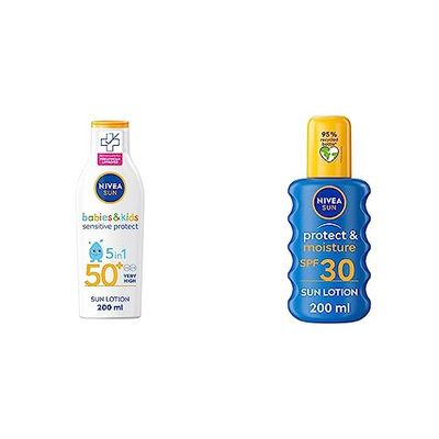 NIVEA SUN Kids Protect & Sensitive Sun Lotion (200ml) Sunscreen with SPF 50+, Kids Suncream & Sun Protect & Moisture Sun Spray SPF30 (200 ml), UVA + UVB Protection
