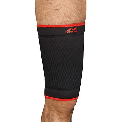 Nivia Orthopedic Slip-in Thigh Support (Black/Red, Size - Medium) | Material - Neoprene/Polyester | Pain Relief, Gym, Sports, Exercise, Workout, Cycling