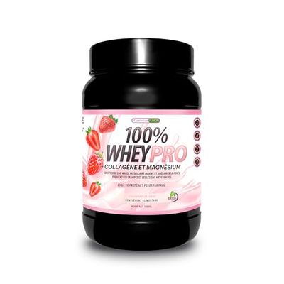 Farmafusion 100% Whey Protein avec Collagène et Magnésium | 43 g de protéines pures par portion | 0% Sucres | Arôme Fraise 1000 g