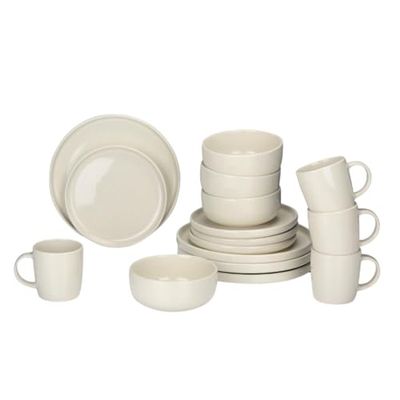alpina 16-Piece Dinnerware Set - 4 Person Place Setting - Stoneware Dinnerware - Breakfast Plates, Dinner Plates, Bowls, and Mugs - Microwave and Dishwasher Safe - Cream
