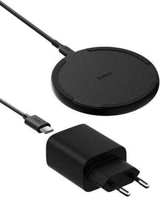Belkin Chargeur sans Fil 15W - Chargeur Qi pour Apple iPhone 16, iPhone Série 15/14/13, AirPods, Samsung Galaxy S25, Galaxy S24, Pixel - Adaptateur Secteur et câble Inclus - Noir
