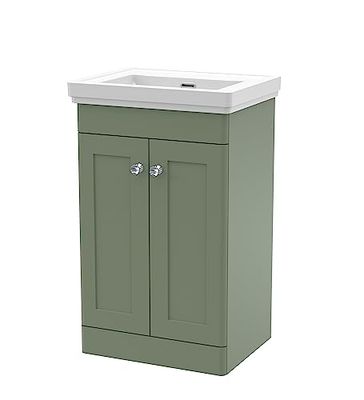 nuie CLC823H Classique Floor Standing 2 Door Vanity Unit & 0 Tap Hole Fireclay Basin, 500mm, Satin Green