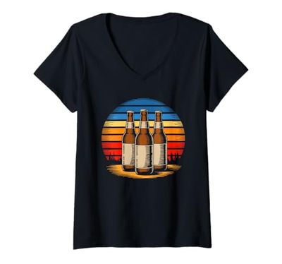 Donna Retrò Birra Bere Alcol Maglietta con Collo a V