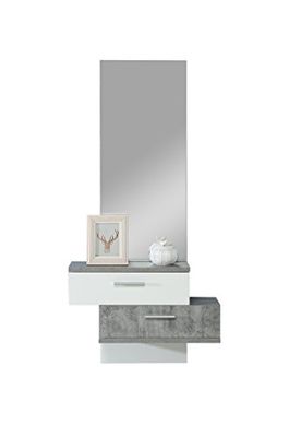 FORTE SKIVE kompaktowa garderoba z lustrem i 2 szufladami, materiał drewnopochodny, wygląd betonu w połączeniu z białym, 75,4 x 157 x 25,6 cm
