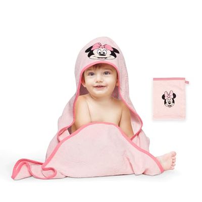 Disney Home Minnie Mouse zestaw ręczników z kapturem dla niemowląt do 5 lat, miękki i chłonny, certyfikat Oeko-Tex, 2-częściowy, ręcznik z kapturem 80 x 80 cm, myjka 15 x 20 cm