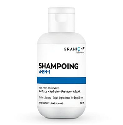 GRANIONS - SHAMPOING 4-EN-1 - Tous types de cheveux Renforce + Hydrate + Protège + Adoucit Biotine - Aloe vera - Extrait de protéine de riz - Extrait de miel, Format voyage 100 ml