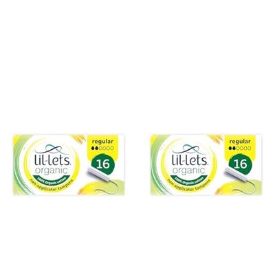 Lil-Lets Organic Non-Applicator Regular Tampons, 16 Count (Pack of 2), for Light to Medium Flow, Made with 100% Organic Cotton, GOTS Certified, Vegan Organic Tampons, Plastic Free Period Care