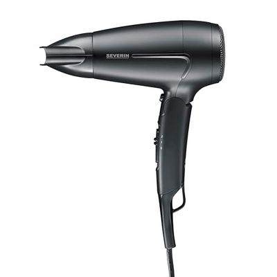 Severin Seche cheveux de voyage, Sèche cheveux avec poignée pliable et concentrateur amovible, double intensité : 110/220 V, sèche-cheveux compact 1 600 W, Noir, HT 0159