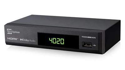 Tele System TS4020 decoder met dubbele DVB T/T2 en DVB-S/S2 HEVC HD HDR10 HLG tuner. Toegang tot free-to-air, terrestrische en satelliet TV en radio. USB mediaspeler voor muziek en foto's op TV.