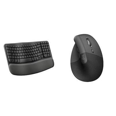 Logitech Wave Keys draadloos ergonomisch toetsenbord - Grafiet, US International QWERTY indeling, Logitech Vertical Ergonomic Mouse, Wireless, Bluetooth or Logi Bolt USB Receiver, Silent Clicks