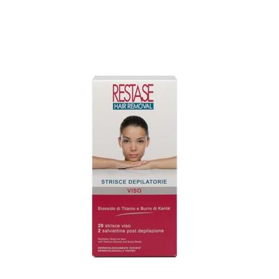 RESTASE | Strisce Depilatorie Viso, 20 pz + 2 Salviette, con Biossido Titanio e Burro karitè