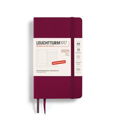 LEUCHTTURM1917 370529 Agenda settimanale e taccuino 2025, Pocket A6 copertina morbida – Agenda da 12 mesi, 80 g, a righe – Port Red