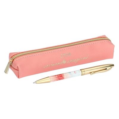 THUN - Pen with Pencil case - Stainless Steel and Brass Pen, Polyester case with Polyurethane Coating - L'amore Vola Collection - 17.5 x 6.5 x 3 cm