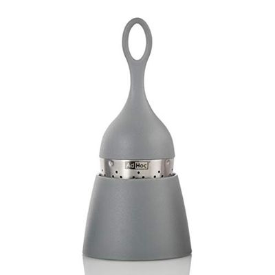 AdHoc Floatea Floating Tea Infuser Grey, Loose Leaf Tea Filter, Tea Strainer with Drip-Collector Stand, Easy Refill, Stainless Steel/Plastic, (H) 130 mm x (D) 40 mm, Dishwasher Safe