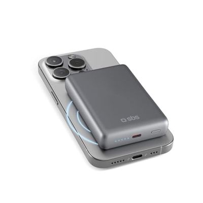 SBS PowerBank 10K MagSafe, 20W Power Delivery, 10.000mAh, Ricarica Rapida, Magnetico, Wireless 15W, LED di Carica, USB-C, Caricabatterie Portatile da Viaggio, Design Slim, Scocca in Alluminio, Grigio