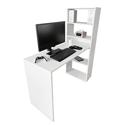 amuéblate online - Mesa de Escritorio con Estantería Modelo Alaska, Mesas para Ordenador, Acabado en Blanco, Práctica y Funcional, Medidas: 122 cm (Ancho) x 53,2 cm (Fondo) x 140 cm (Alto)