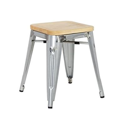 Bolero Tabouret Bistro Bas en Acier avec Assise en Bois (Lot de 4), Structure en Acier galvanisé et Assise en frêne, empilables, Hauteur d'assise : 450 mm, GM634