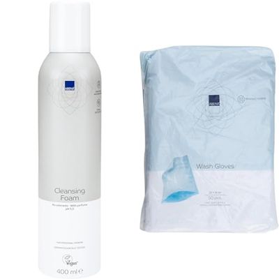 Abena Foam Shower Gel | 400ml | Shower Foam Body Wash | Foaming Cleanser for Dry Skin + ABENA Wash Glove Wet Wipes For Adults Suitable for Incontinence Care | 50 Pack | 23x16cm
