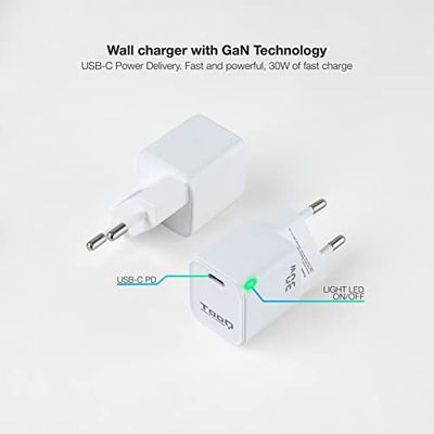 Cargador USB-C de Pared 30W con tecnología PD, Ideal para Cargar Dispositivos móviles y Tablets rápidamente.