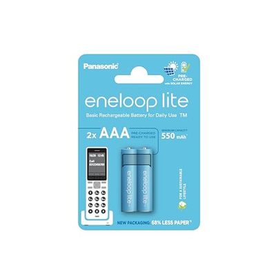 eneloop lite, batterie ricaricabili AAA/Micro, confezione da 2, capacità di min. 550 mAh, batterie Ni-MH, pronte all'uso, ricaricabili fino a 3000 volte, confezione senza plastica, lite, blu