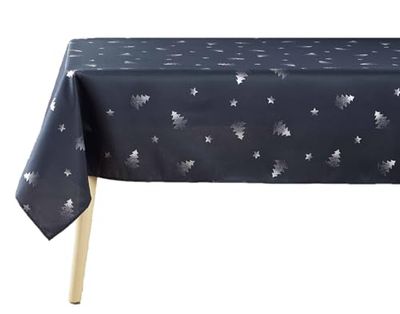 Douceur d'Intérieur, Nappe Rectangle (150 x 240 cm) Sapin Marine/Argent, Polyester Imprimé Métallisé