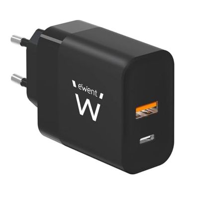 Ewent Caricabatterie Caricatore Rapido GaN Fast USB-C e USB-A per Tablet e Notebook, Caricatore 45W per iPhone 16/15/14 e anteriori, iPad Pro/Air, Air/Pods Pro, Samsung,Huawei,XiaoMi etc., Nero