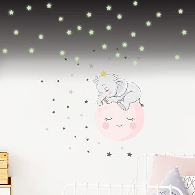 Muurstickers voor kinderen, decoratie voor babykamer, muursticker voor kinderen, motief: olifanten op de maan, 30 sterren (80 x 60 cm) + 100 stickers lichtgevende sterren