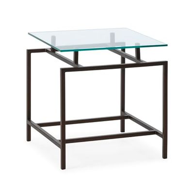 Estantería con laterales verticales de cristal templado y combinación de baldas en DM lacado en Gris Perla Brillo y madera chapada en nogal.