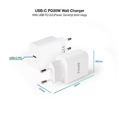 Cargador de Pared USB-C PD 20W, Compatible con Carga rápida, Ideal para Dispositivos móviles y tabletas.