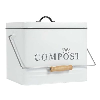 JE CHERCHE UNE IDEE, ME0026, Bidone da compost in metallo verniciato, Look vintage, Grande capacità di 10L, Coperchio con filtro, Maniglia per trasporto pratico, Bianco Nero Legno