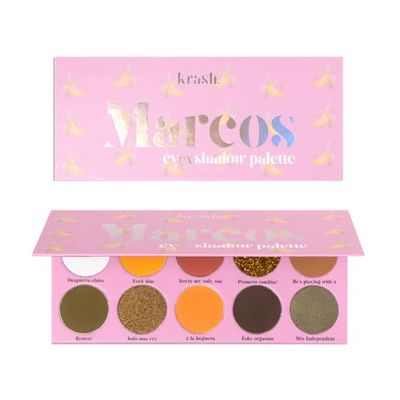 KRASH KOSMETICS Paleta de Sombras Marcos - 10 Sombras Ultra Pigmentadas de Larga Duración Mate Shimmer Glitter - Color Nude Marron Amarillo Verde Dorado - Incluye Espejo - Vegano y Cruelty Free