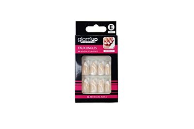 Glam’Up Paris - Faux Ongles - Pleine Couverture - Facile à Utiliser - 24 Faux Ongles par Boîte + Adhésifs Double Face - Forme Pointus XL - N°211 - Nude et Blanc