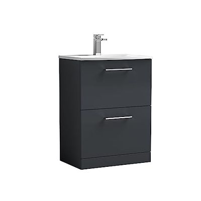 nuie ARN1433G Arno Floor Standing 2 Drawer Vanity Unit & Curved Ceramic Basin, 600mm, Soft Black