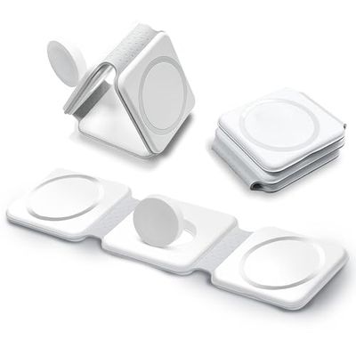 Hd-line Chargeur magnétique sans Fil 3 en 1, Pliable, Compatible avec iPhone 15, 14, 13, 12, Apple Watch Ultra 9/8/7/6/5/4/3/2/SE/AirPods 2/3/Pro, Chargeur Rapide, Blanc