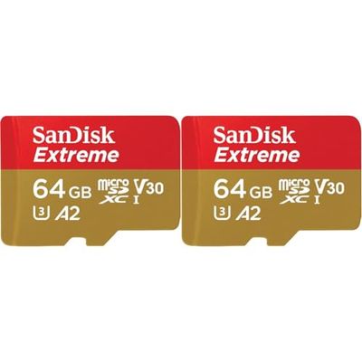 SanDisk 64GB Extreme microSDXC card for Action Cams and Drones + SD adapter + RescuePRO Deluxe, up to 170 MB/s, with A2 App Performance, UHS-I, Class 10, U3, V30 (Pack of 2)