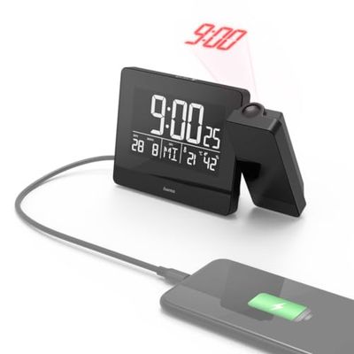 Hama | Reloj Despertador con proyección de la Hora en el Techo o Pared (con sensores táctiles, hasta 2 alarmas programables, Conexión USB para Cargar móviles), Color Negro