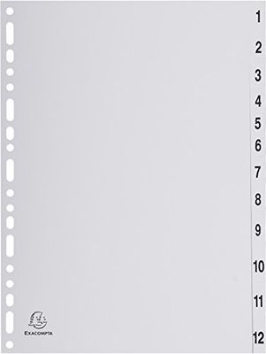 Exacompta - Ref 1912E - PP Printed Indices - For Use With A4 Documents, 0.1mm Polypropylene, Pre-Punched, Soft & Tear Resistant - 12 Divider Parts (1-12) - Grey