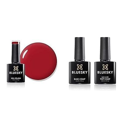 Bluesky Gel Nail Polish, Pillar Box D160, Bright Red, and No Wipe Top Coat and Base Coat, Soak Off LED UV Gel Nail Polish Set, Long Lasting, Shiny, High Gloss Finish, Clear, 2 x 10ml Bottles