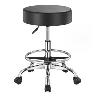 VEVOR Sgabello Girevole con Poggiapiedi e Ruote, Capacità 204 kg, Sgabello Girevole Rotondo in Pelle, Ispessita Regolabile in Altezza, Sgabello per Salone, Spa, Massaggi, Clinica, Nero