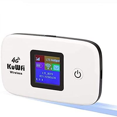KuWFi mobiler WLAN Router, 4G LTE Router voor SIM-kaarten (4G/LTE tot 150 Mbit/s download / 50 Mbit/s upload, hotspot, 2400mAh accu, compatibel met alle Europese SIM-kaarten) Plug&Play