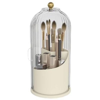 Emljkvp Soporte para brochas de maquillaje con cubierta a prueba de polvo, organizador de brochas de maquillaje giratorio de 360 grados para tocador de baño, blanco/beige