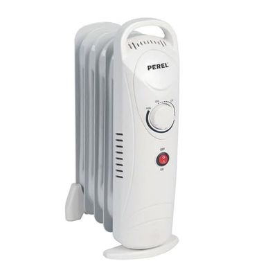 Perel Olieradiator 700 W, 7 ribben, oliegevuld, elektrische verwarming, thermostaat, handvat, mobiel met wielen, energiezuinige bijverwarming voor kamers tot 15 m², wit