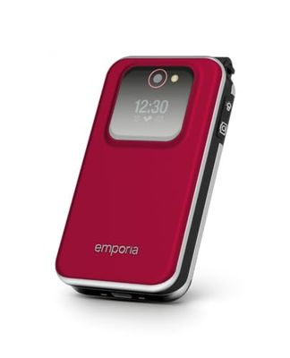 Emporia JOY Flip Mobile Phone, ideal for the elderly, large 2.8" screen, external screen for caller ID, 2MP camera, charging cradle included, unlocked. easy to use - Red